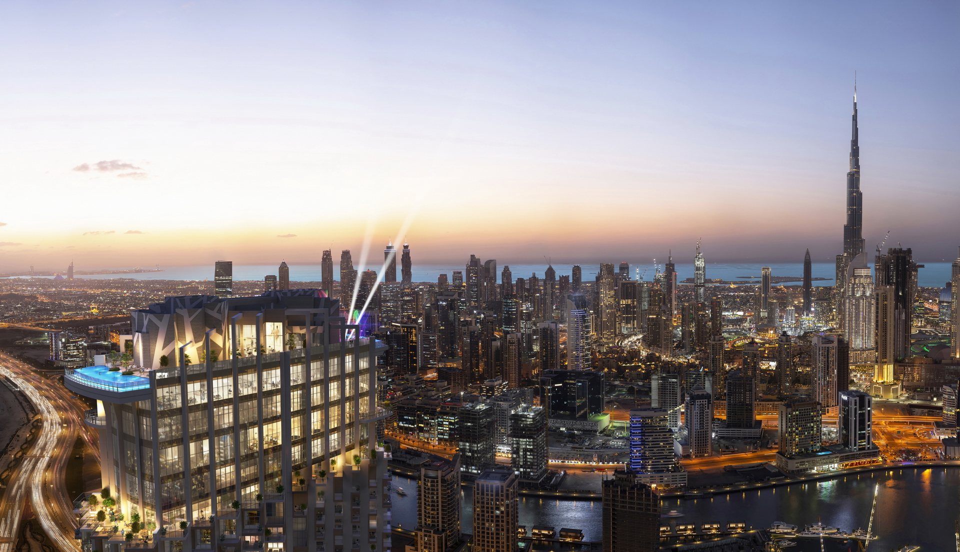Dubai skyline and a rooftop terrace at dusk