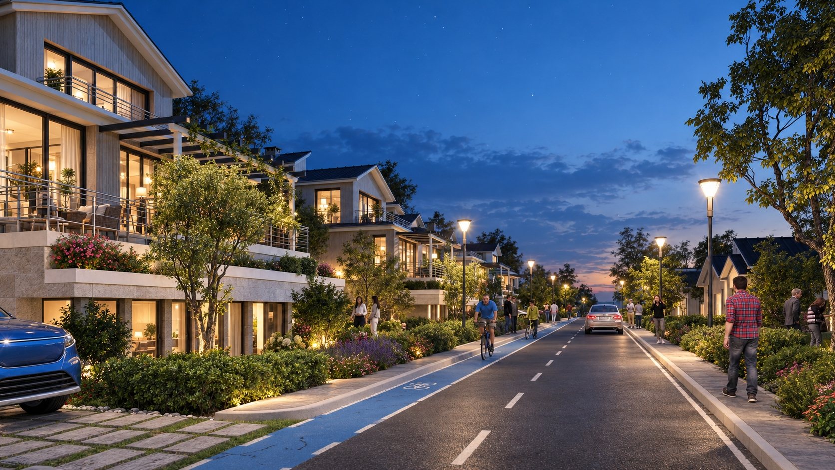 Residential street at blue hour