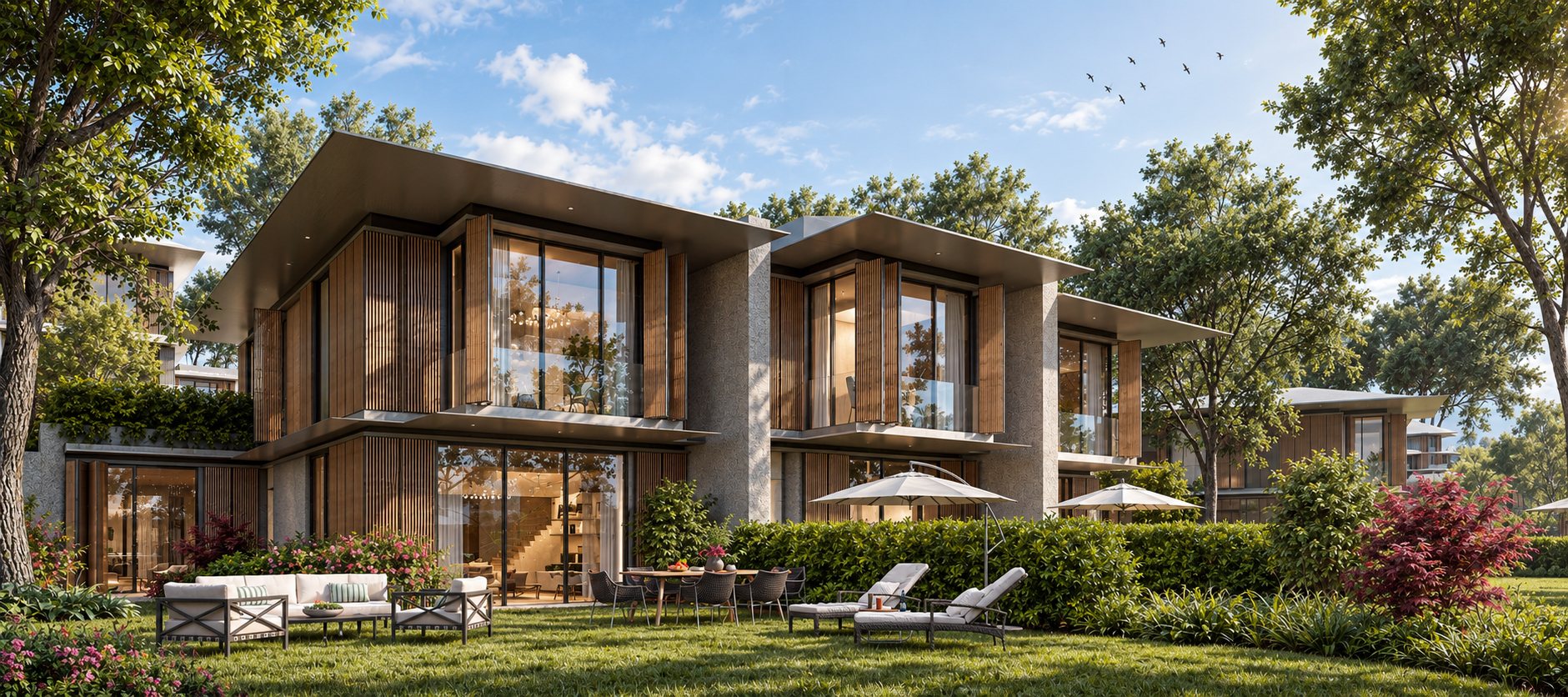 Timber villa in a landscaped garden
