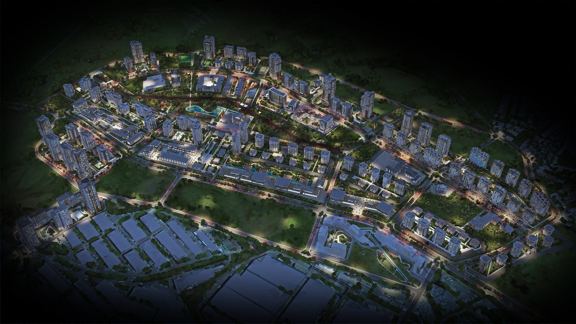 Illuminated residential masterplan at night