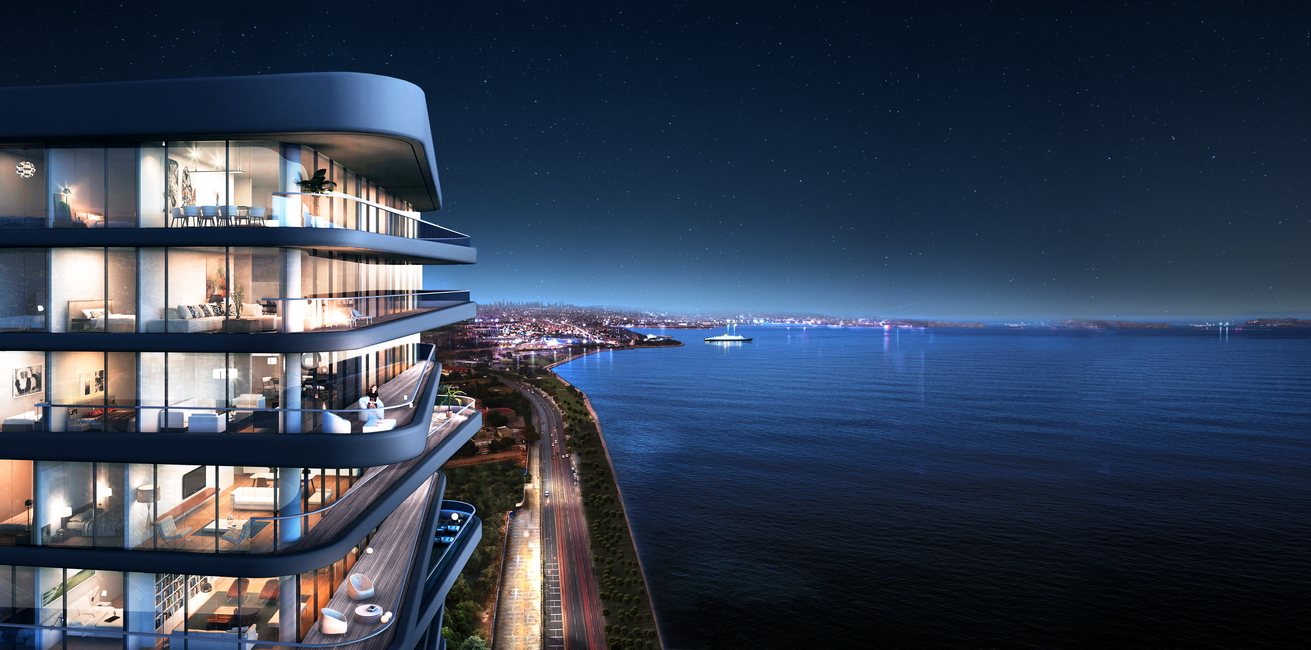 Coastal apartments at blue hour