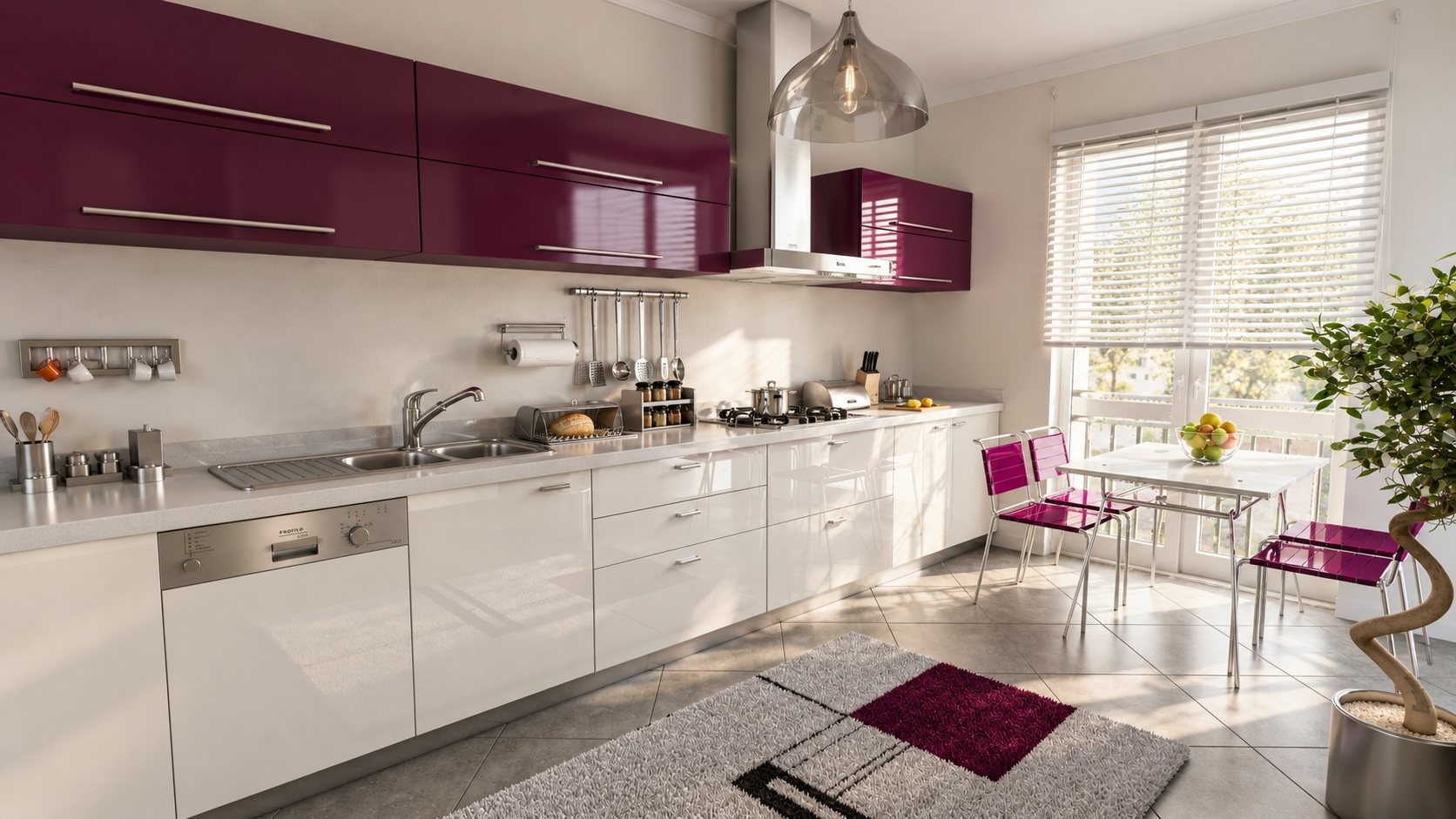 Kitchen with purple cabinetry