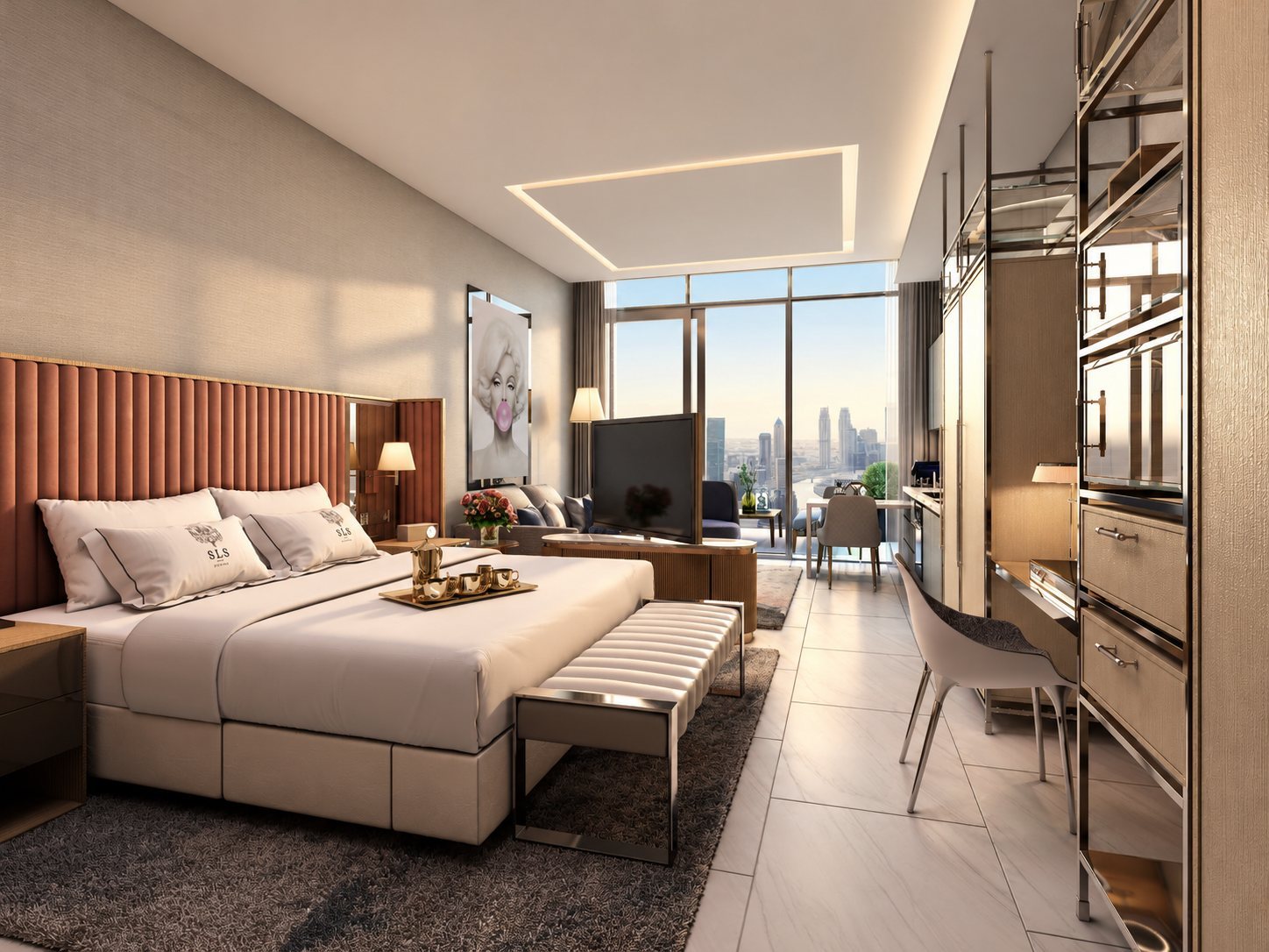Contemporary living room and city view