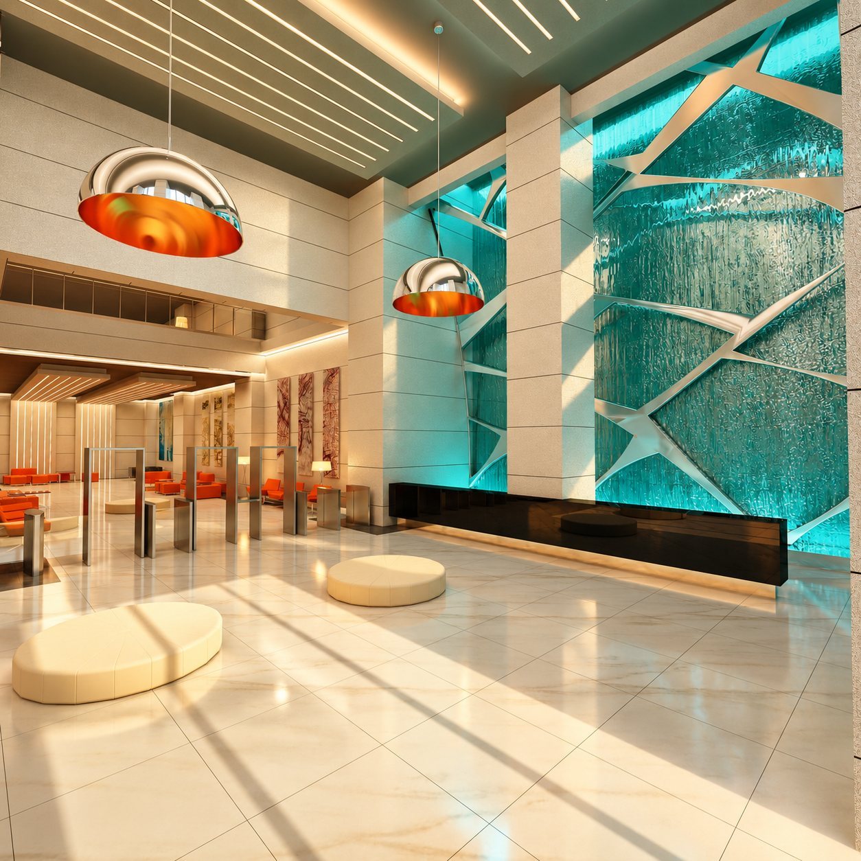 Bar interior with turquoise feature wall